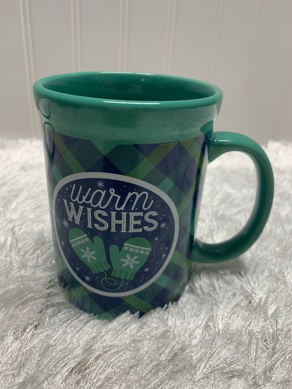 Warm Wishes Green Blue Gingham Check Plaid Mitten Winter Coffee Mug